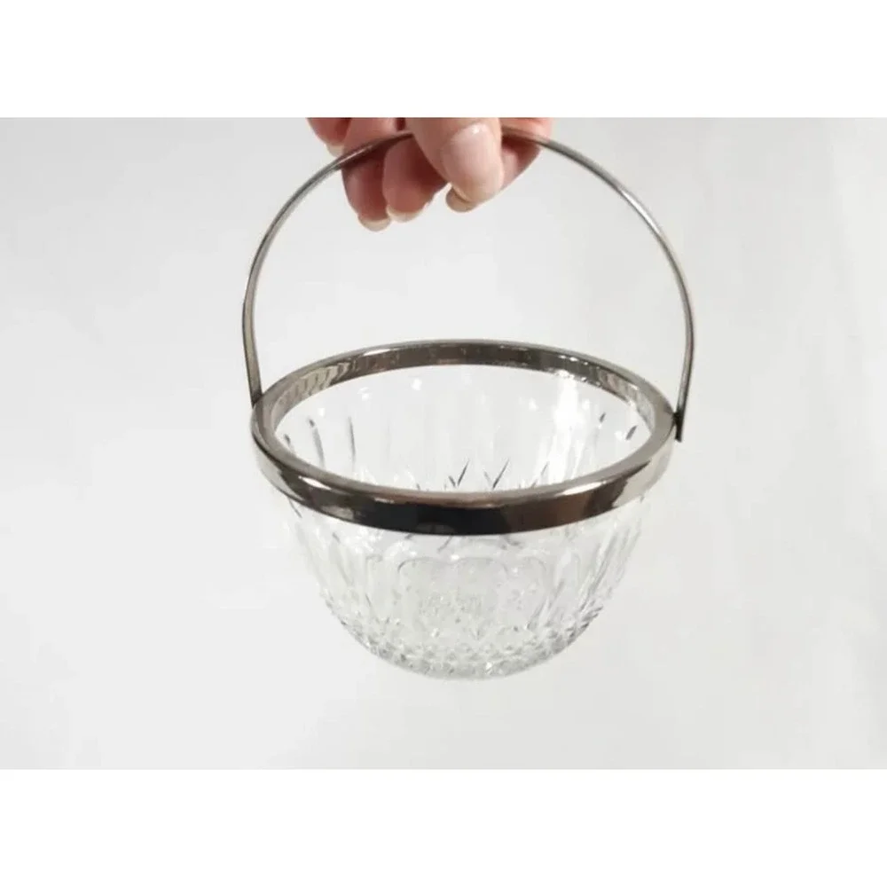 Vintage Reims France Cut Crystal Candy Dish Silver Rim Swing Handle Sugar Bucket